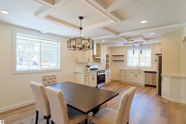 dining area featuring light hardwood / wood-style floors, an inviting chandelier, coffered ceiling, and sink