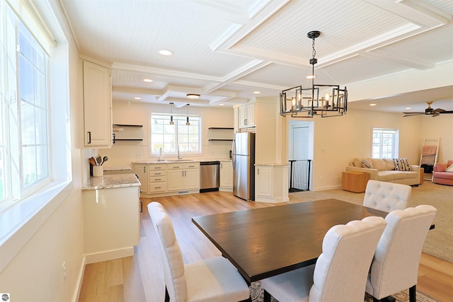 dining room featuring coffered ceiling, ceiling fan with notable chandelier, sink, beam ceiling, and light hardwood / wood-style floors