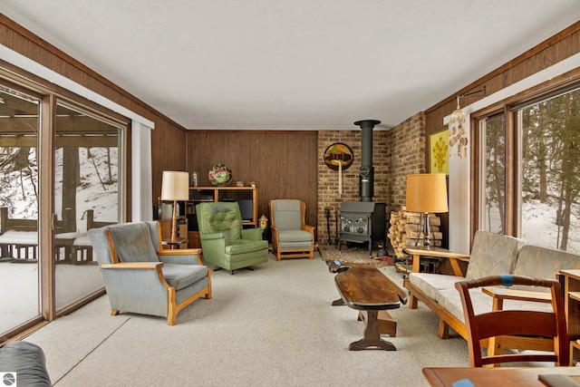 living area with carpet floors, wood walls, and a wood stove