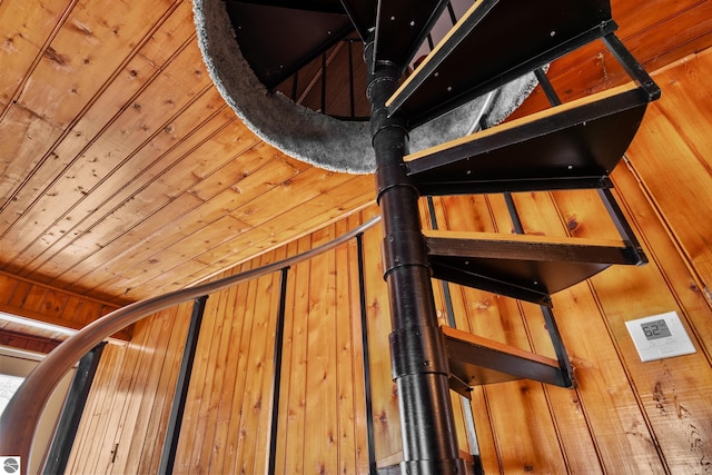 room details with wooden ceiling and wood walls