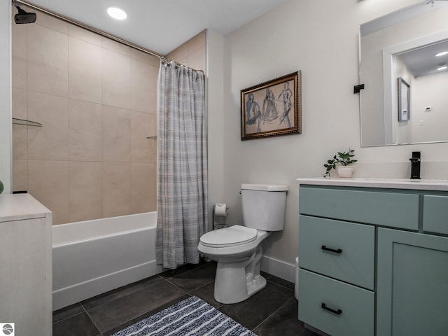 full bathroom with vanity, tile patterned flooring, shower / bathtub combination with curtain, and toilet