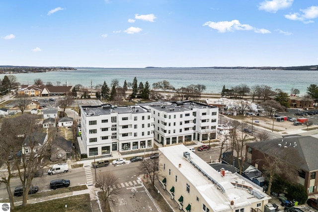 drone / aerial view featuring a water view