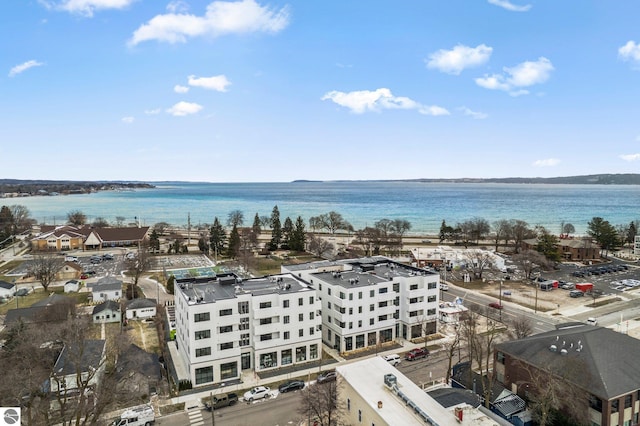 drone / aerial view with a water view