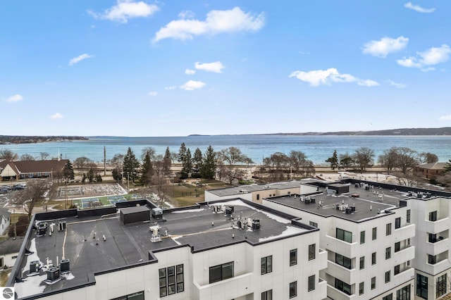 aerial view featuring a water view