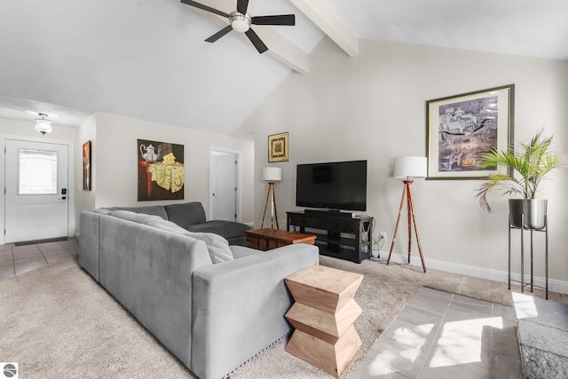 carpeted living room featuring vaulted ceiling with beams and ceiling fan