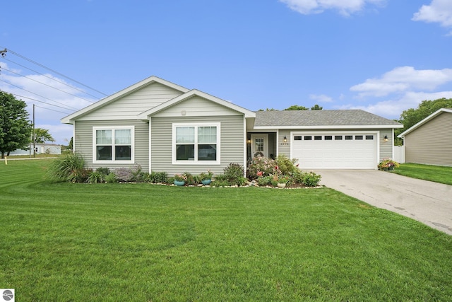 ranch-style house with a garage and a front yard