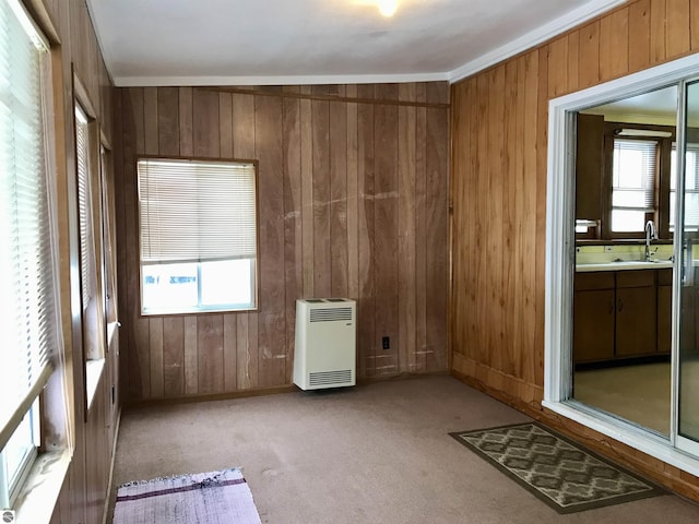 carpeted empty room featuring sink, heating unit, and wood walls