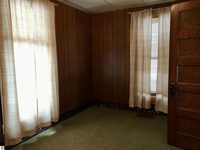 carpeted empty room featuring wooden walls