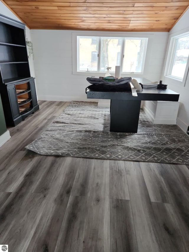 living room with vaulted ceiling, dark wood-type flooring, and wooden ceiling