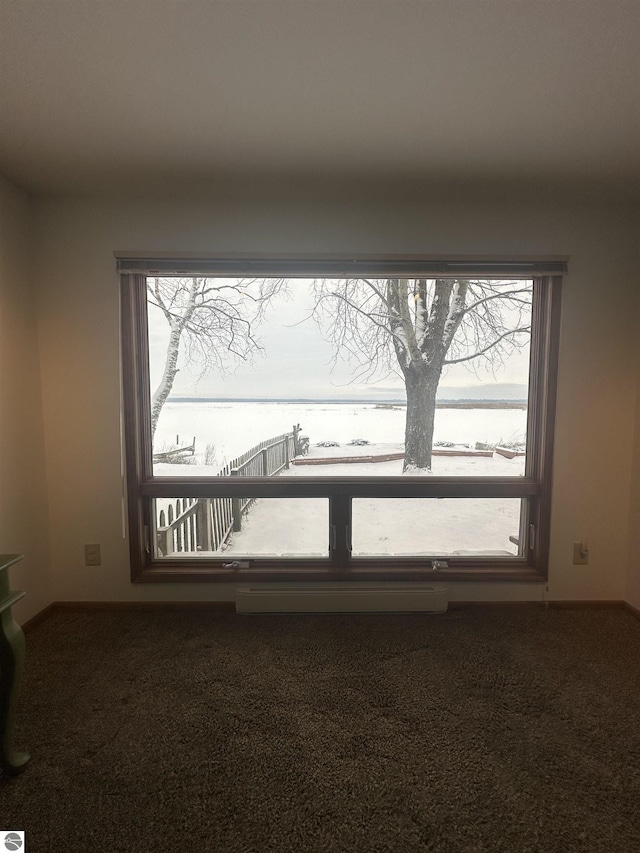 carpeted spare room with a water view