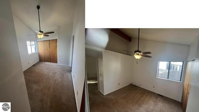 carpeted spare room with ceiling fan and lofted ceiling with beams