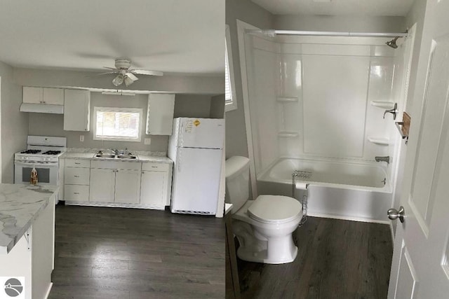 full bathroom featuring hardwood / wood-style floors, toilet, vanity, ceiling fan, and  shower combination