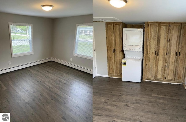 empty room featuring stacked washer and clothes dryer and dark hardwood / wood-style floors