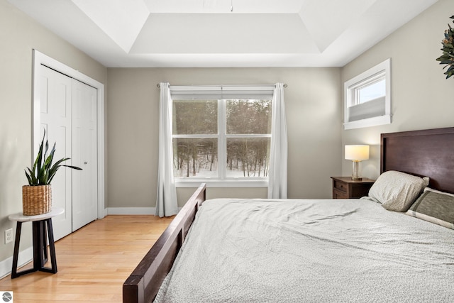 bedroom with multiple windows, hardwood / wood-style floors, and a raised ceiling