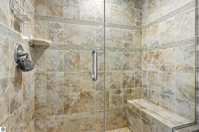 bathroom with a shower with shower door