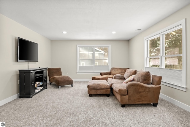 living room with light colored carpet and a wealth of natural light