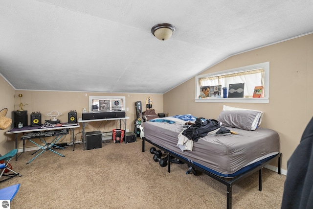 carpeted bedroom with a textured ceiling and lofted ceiling