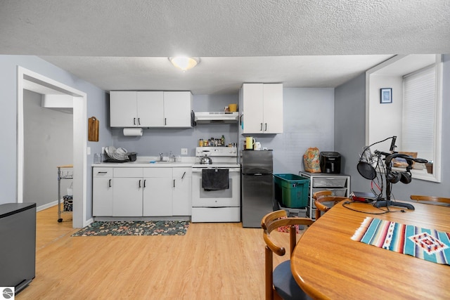 kitchen featuring white cabinetry, a textured ceiling, light hardwood / wood-style flooring, white range with electric stovetop, and stainless steel fridge