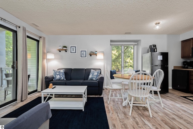 living room with a textured ceiling and light hardwood / wood-style flooring