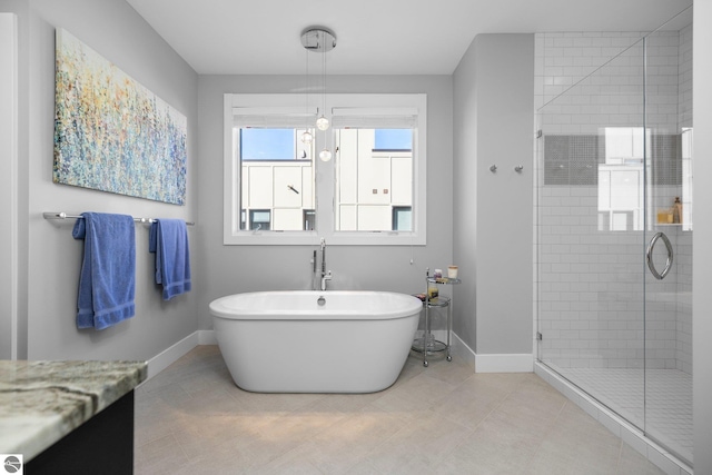 bathroom with plus walk in shower and tile patterned floors