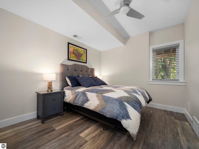 bedroom featuring ceiling fan and dark wood-type flooring