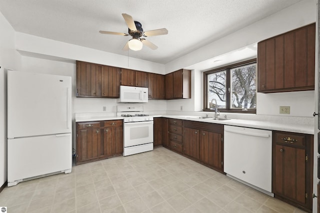 kitchen with white appliances, a textured ceiling, ceiling fan, dark brown cabinets, and sink