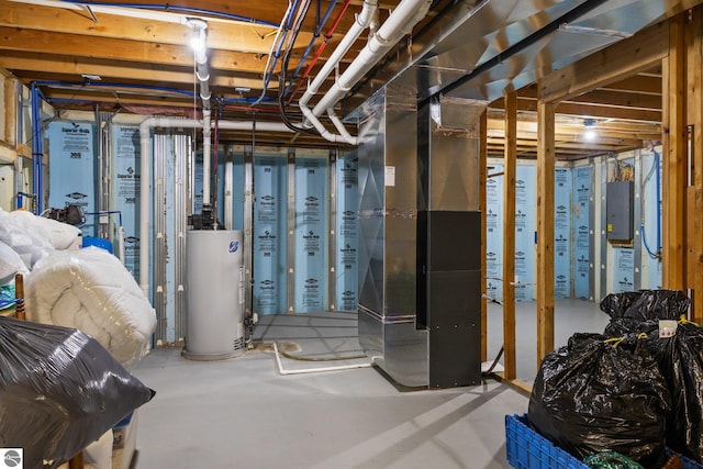 basement featuring water heater, electric panel, and heating unit