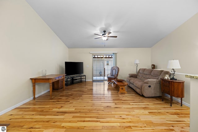 living room featuring light wood-type flooring and ceiling fan