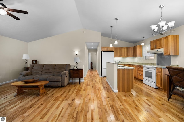 kitchen with white appliances, light hardwood / wood-style floors, pendant lighting, and ceiling fan with notable chandelier