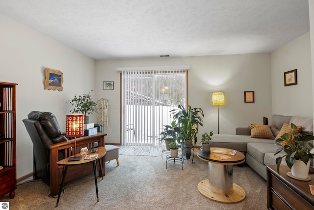 carpeted living room featuring a textured ceiling