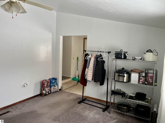 interior space with ceiling fan and carpet floors