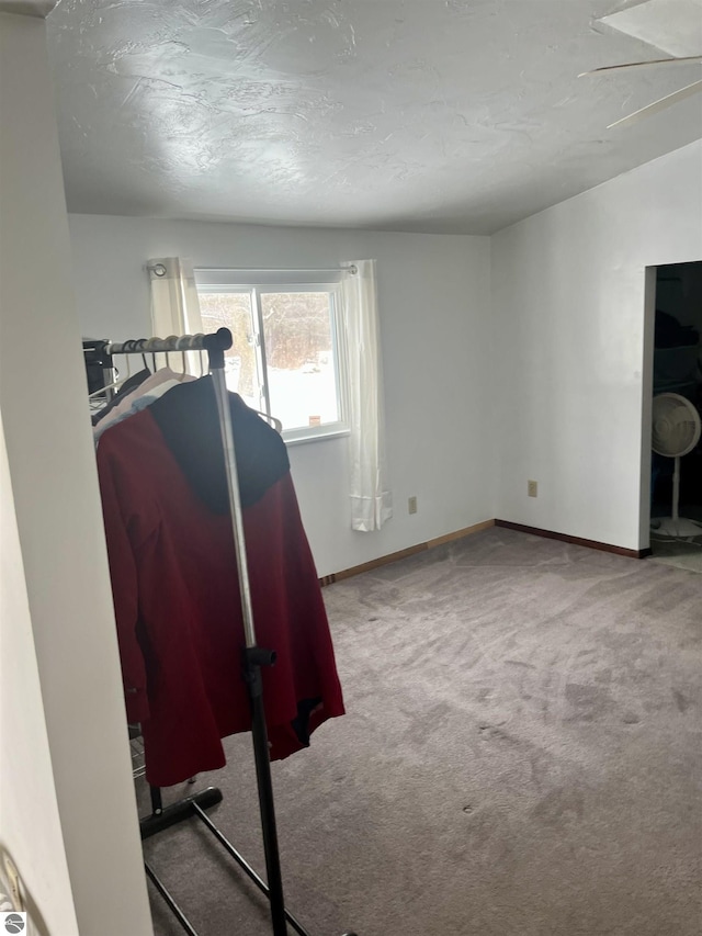 interior space featuring a textured ceiling and carpet