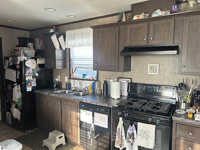 kitchen with black appliances, dark brown cabinets, crown molding, and sink