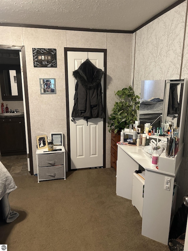 carpeted office space featuring a textured ceiling and sink