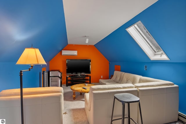 carpeted living room featuring baseboard heating, lofted ceiling with skylight, and a wall unit AC