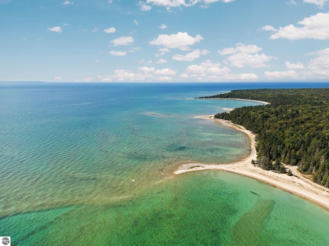 birds eye view of property featuring a view of the beach and a water view