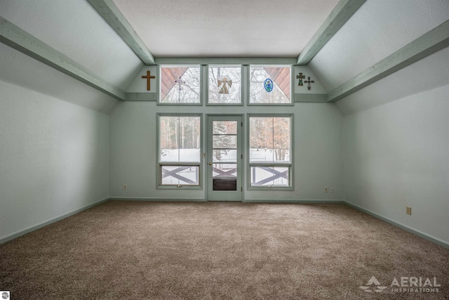 bonus room featuring high vaulted ceiling, a textured ceiling, beamed ceiling, and carpet