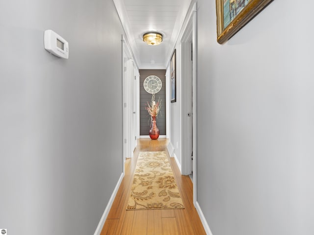 corridor with crown molding and light wood-type flooring