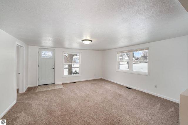 foyer with carpet floors and a textured ceiling