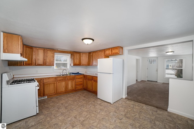 kitchen with light carpet, sink, and white appliances