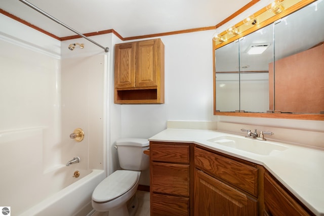 full bathroom with toilet, ornamental molding, shower / bath combination, and vanity