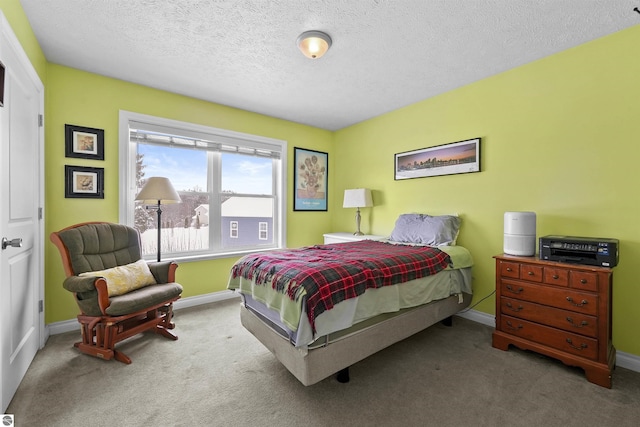 bedroom with carpet and a textured ceiling