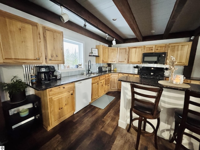 kitchen with dark wood-type flooring, stove, dishwasher, beam ceiling, and sink