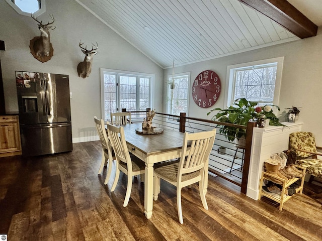 dining space with dark wood-type flooring, wooden ceiling, and lofted ceiling with beams