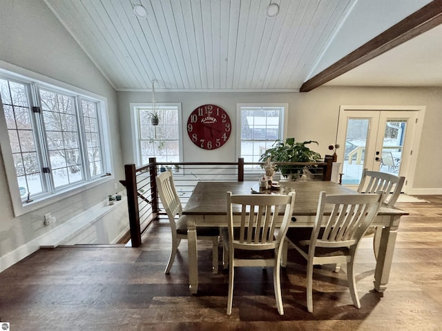 dining room with wooden ceiling, wood-type flooring, lofted ceiling, and french doors