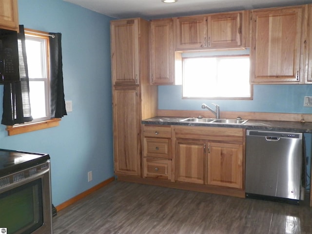 kitchen with dark wood-type flooring, sink, electric range oven, and dishwasher