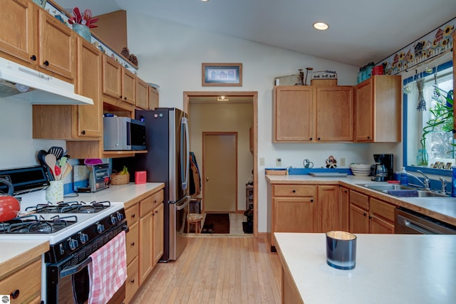 kitchen featuring light wood-type flooring, stainless steel appliances, lofted ceiling, and sink