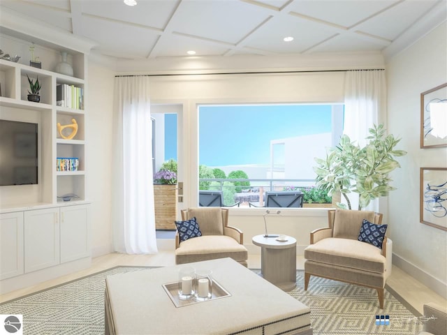 living area with plenty of natural light, built in features, and coffered ceiling