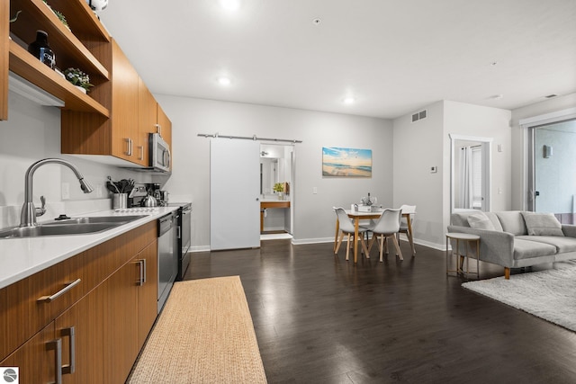 kitchen featuring appliances with stainless steel finishes, a barn door, dark hardwood / wood-style flooring, and sink