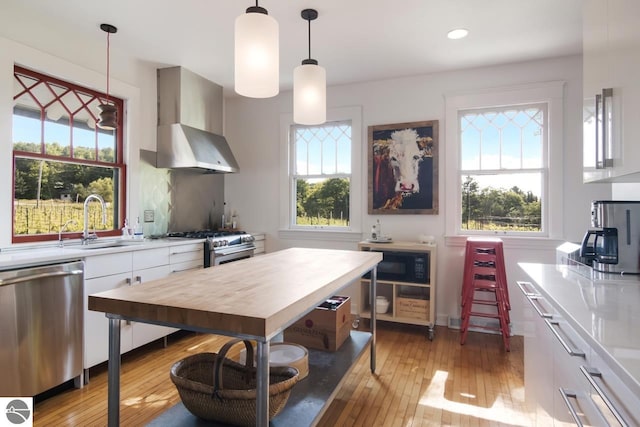 kitchen featuring light hardwood / wood-style floors, stainless steel appliances, decorative light fixtures, wall chimney exhaust hood, and white cabinets